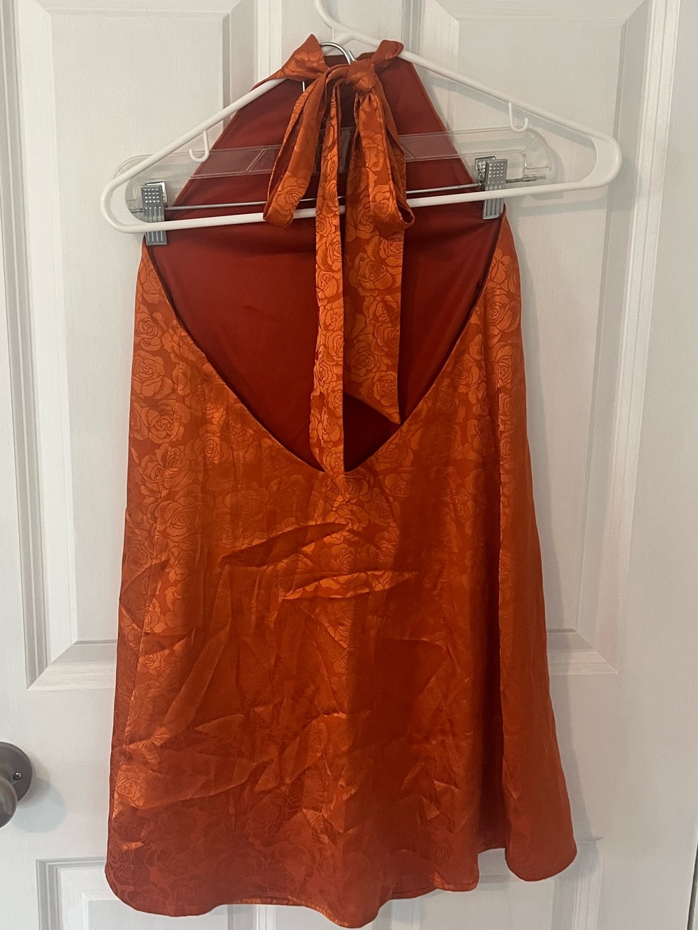 Rust Orange open back halter Satin Floral-Texture Women's dress